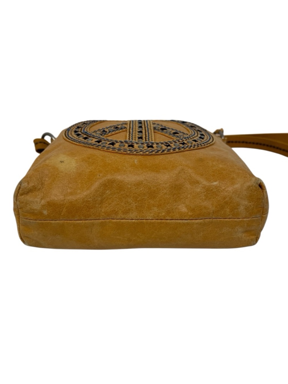 The Sak Camel Brown Leather Peace Sign Design Crossbody Studded Purse Bag 11x11 - Picture 9 of 16